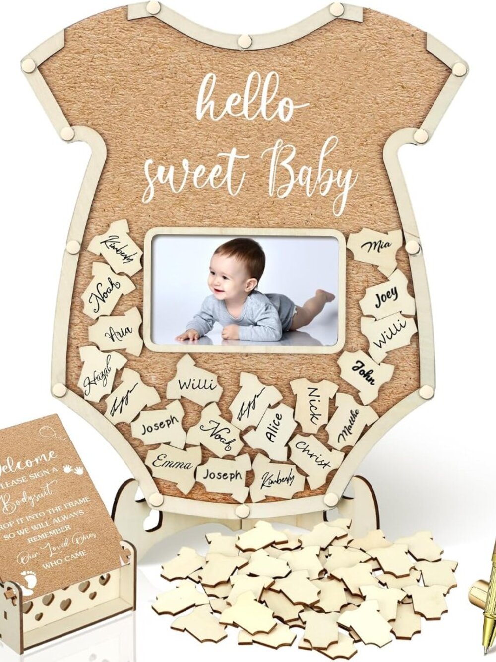 63 Pcs Bodysuit Baby Shower Guest Book,Wood Color